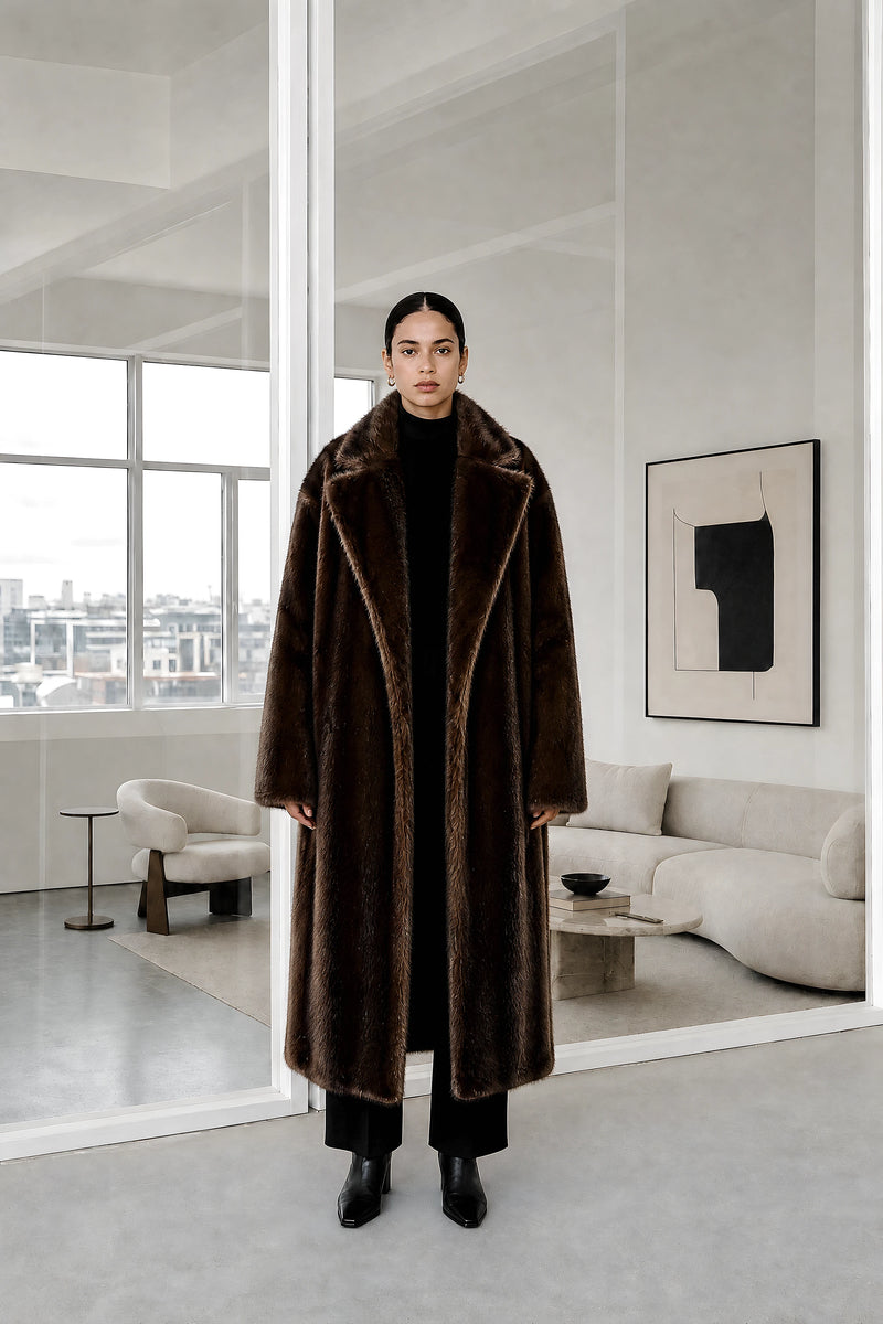 Jeanette | Faux Fur Coat in Brown, studio front view