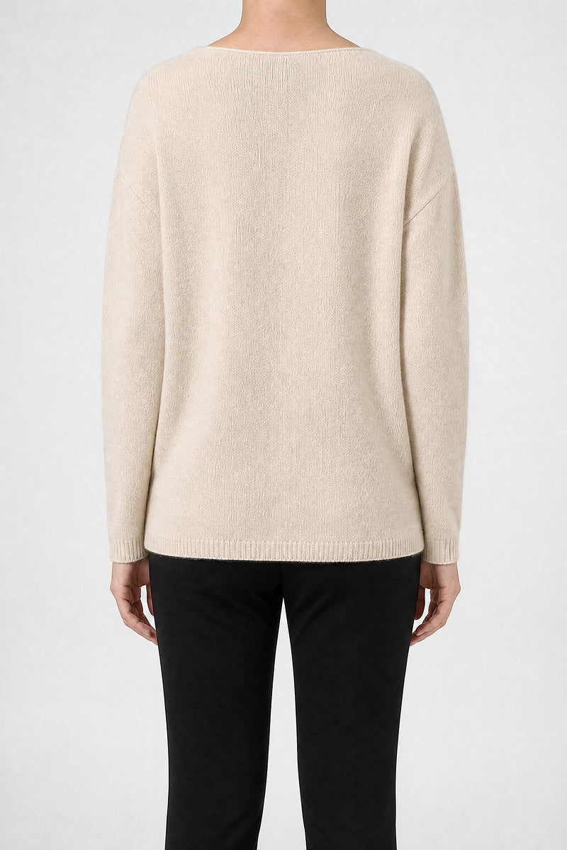 Sofaine Jenna cashmere-feel asymmetric cardigan sweater in Beige, back view studio shot
