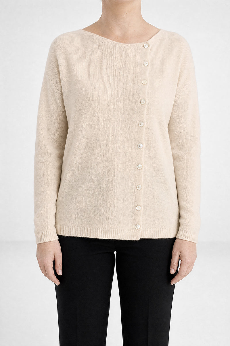 Sofaine Jenna cashmere-feel asymmetric cardigan sweater in Beige, front view studio shot