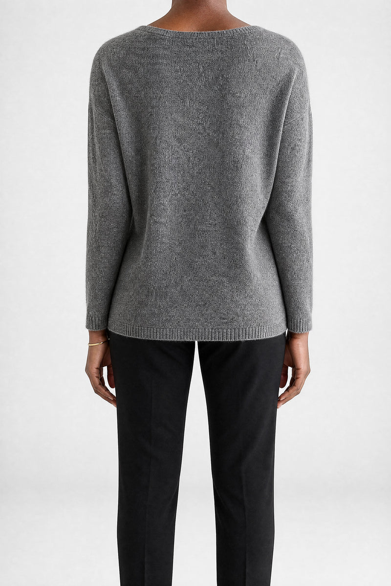 Sofaine Jenna cashmere-feel asymmetric cardigan sweater in Grey, back view studio shot