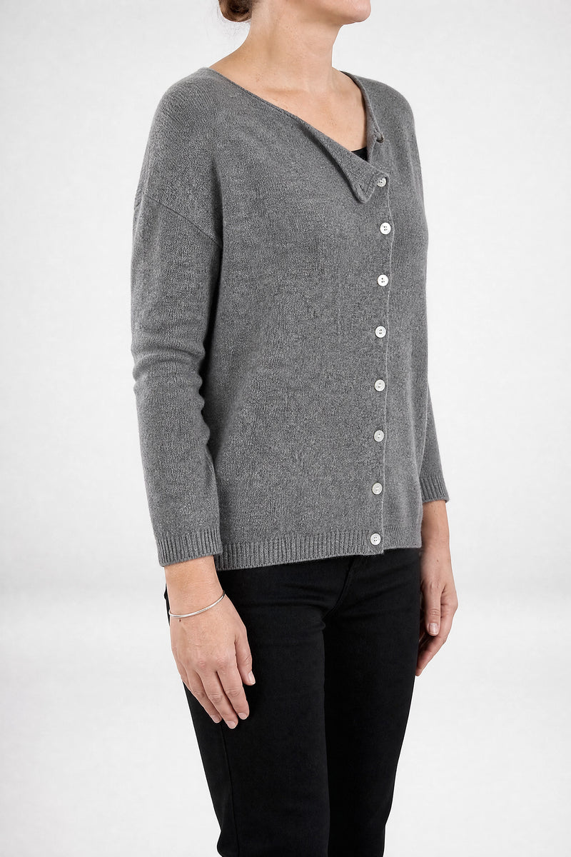Sofaine Jenna cashmere-feel asymmetric cardigan sweater in Grey, side view studio shot
