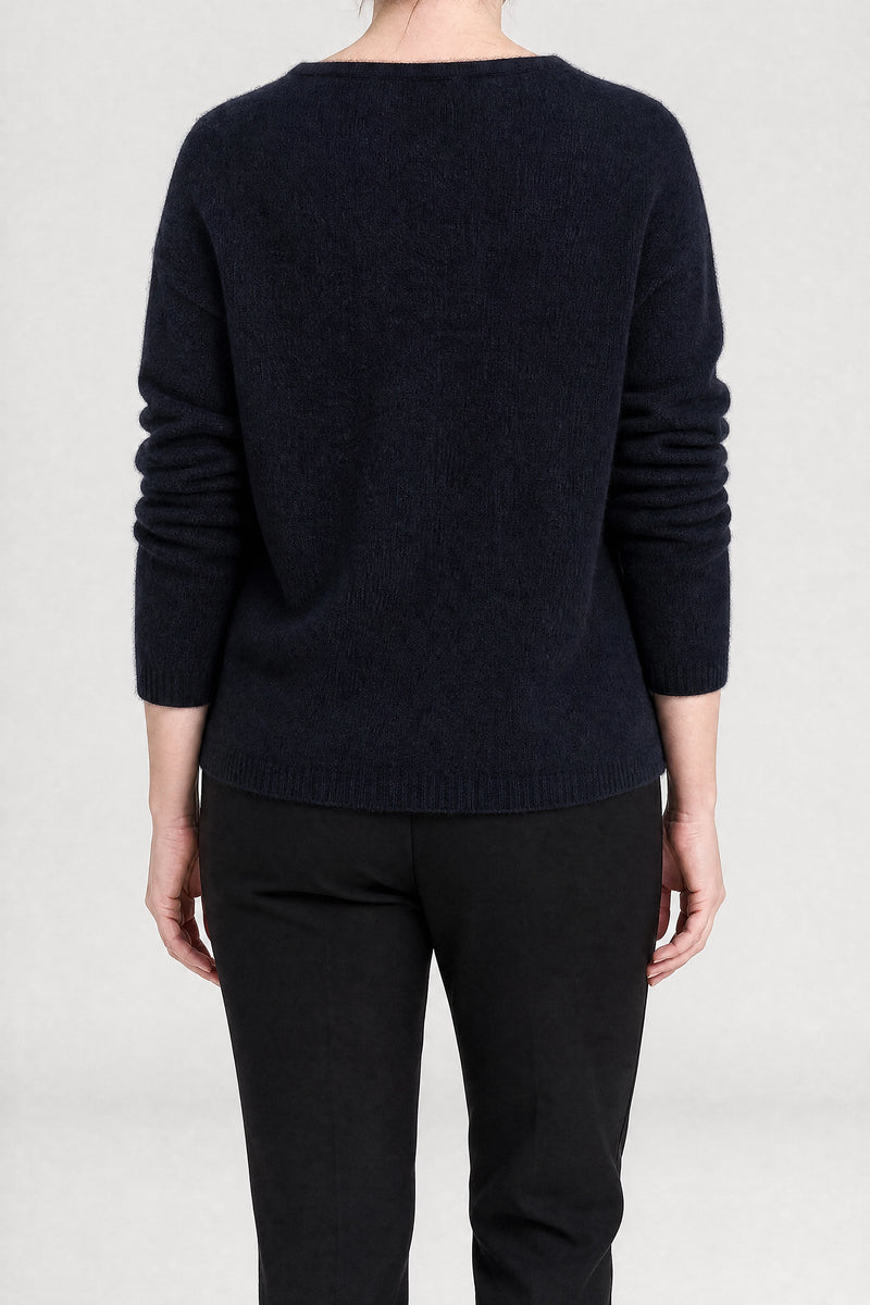 Sofaine Jenna cashmere-feel asymmetric cardigan sweater in Navy Blue, back view studio shot