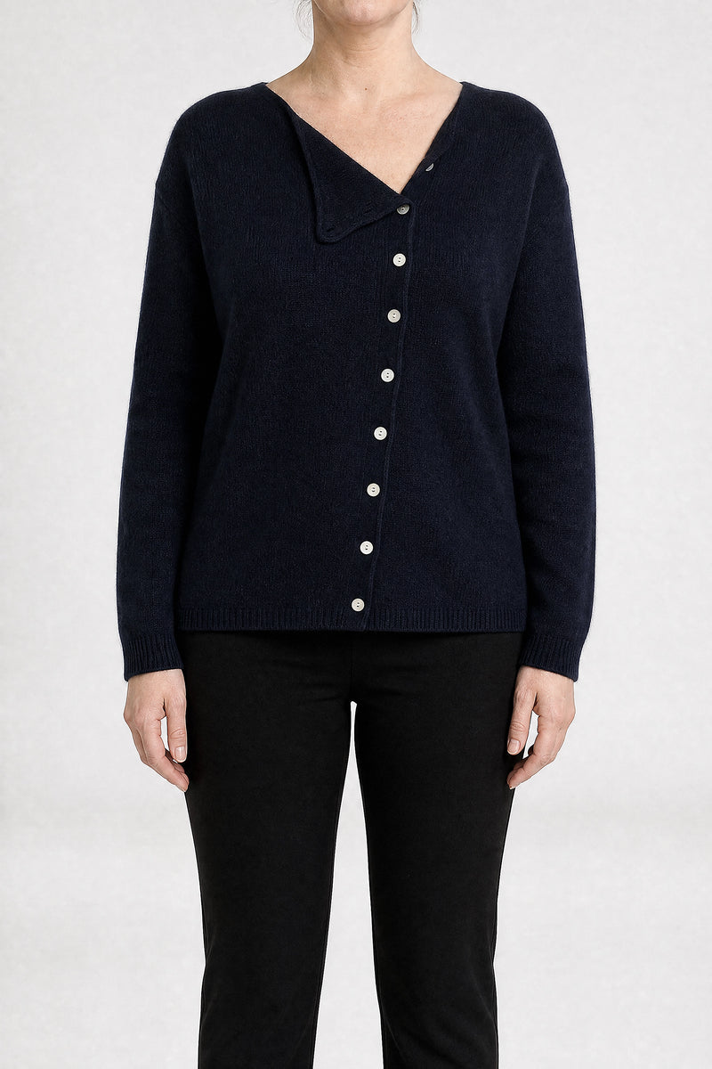 Sofaine Jenna cashmere-feel asymmetric cardigan sweater in Navy Blue, front view studio shot