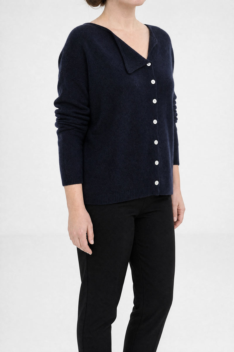 Sofaine Jenna cashmere-feel asymmetric cardigan sweater in Navy Blue, side view studio shot