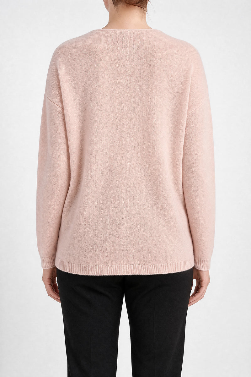 Sofaine Jenna cashmere-feel asymmetric cardigan sweater in Pink, back view studio shot