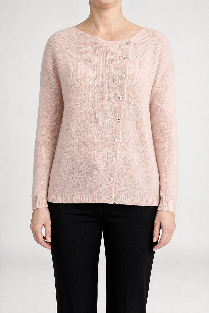Sofaine Jenna cashmere-feel asymmetric cardigan sweater in Pink, front view studio shot