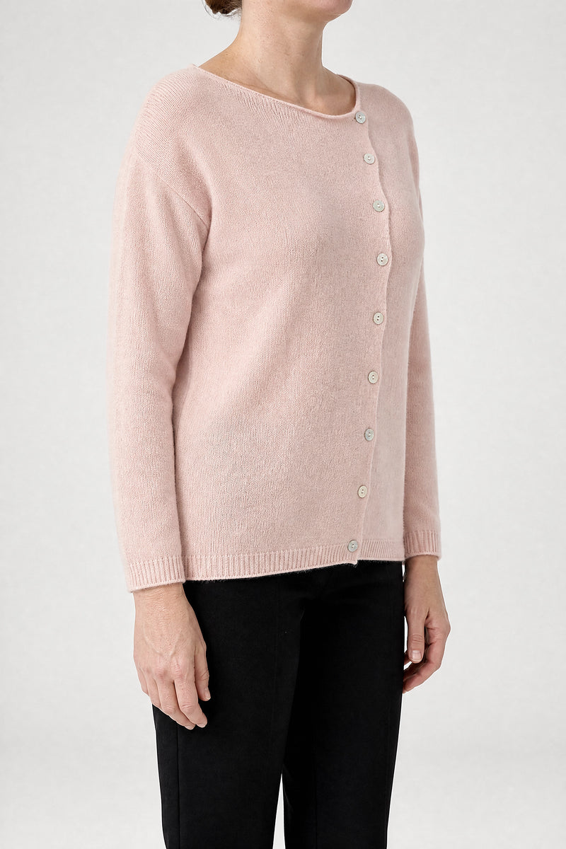 Sofaine Jenna cashmere-feel asymmetric cardigan sweater in Pink, side view studio shot
