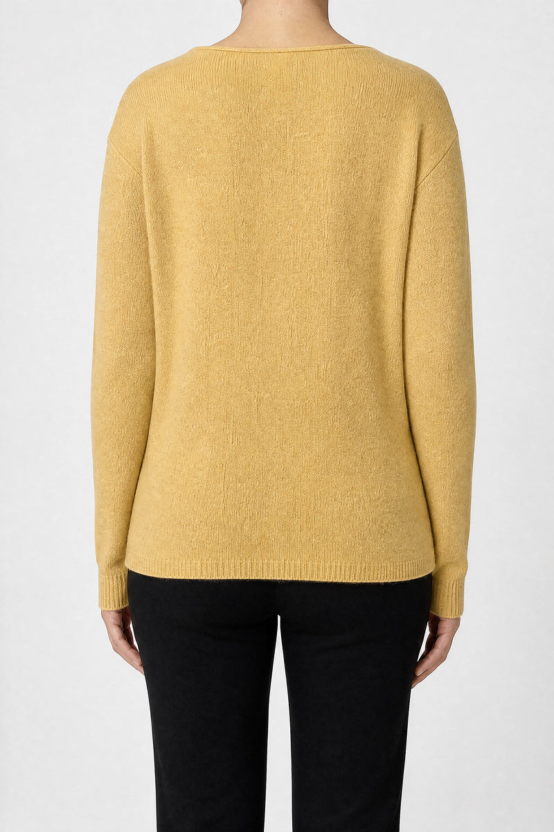 Sofaine Jenna cashmere-feel asymmetric cardigan sweater in Yellow, back view studio shot