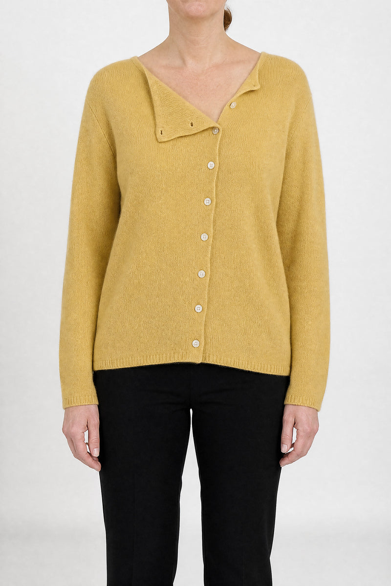 Sofaine Jenna cashmere-feel asymmetric cardigan sweater in Yellow, front view studio shot