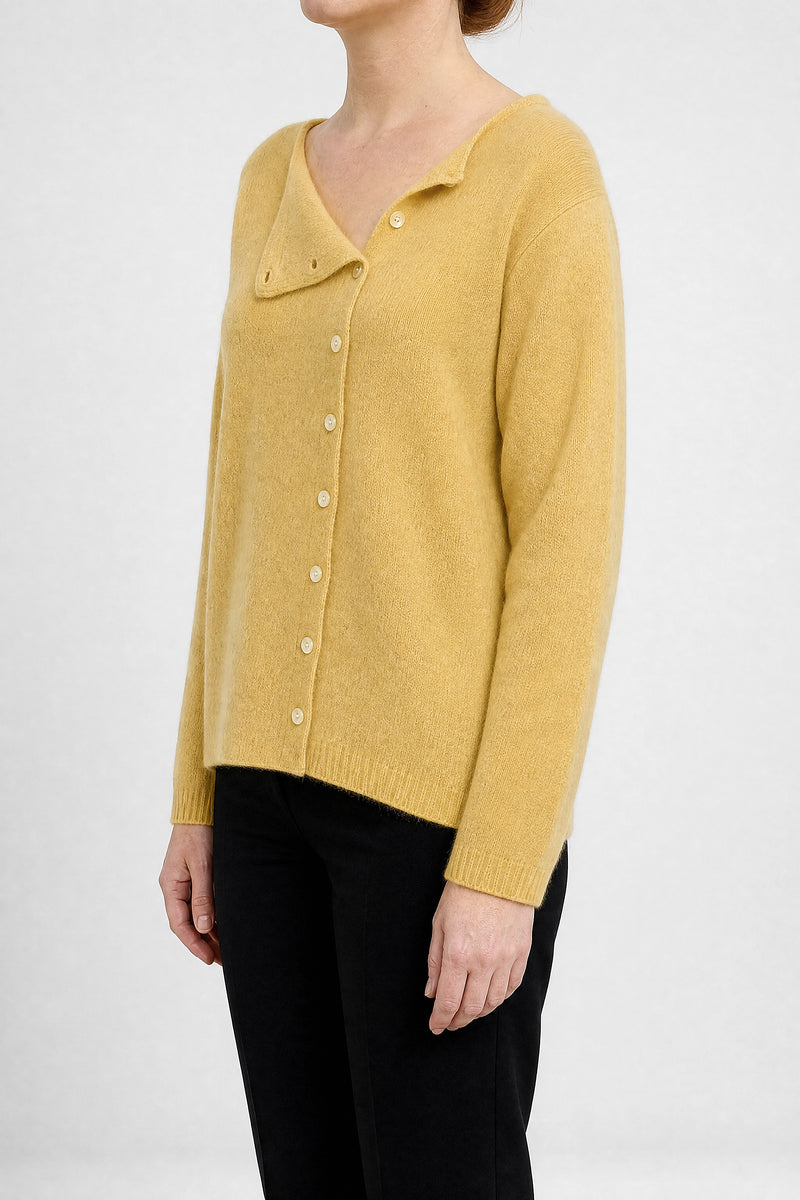 Sofaine Jenna cashmere-feel asymmetric cardigan sweater in Yellow, side view studio shot
