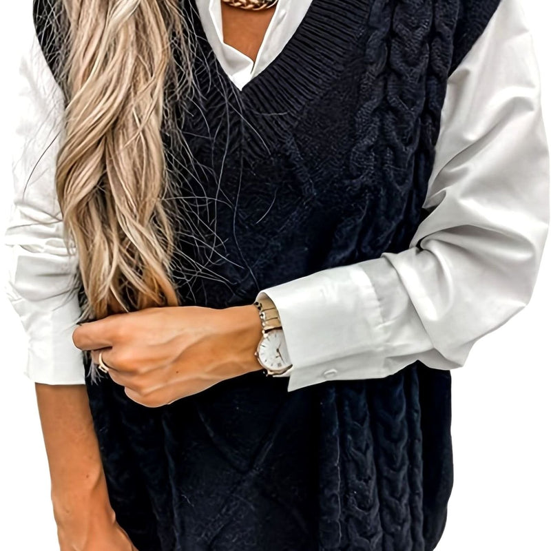 Cable Knit Sweater Vest for Women with V-Neck and Relaxed Fit in Black, front view