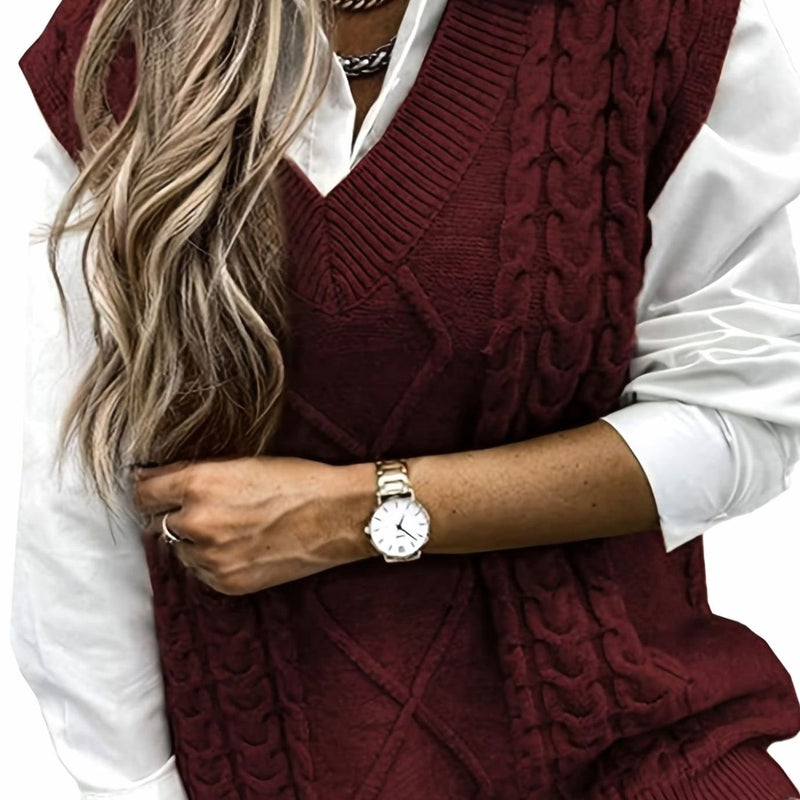 Cable Knit Sweater Vest for Women with V-Neck and Relaxed Fit in Burgundy, front view