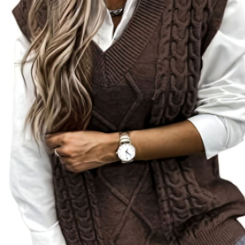 Cable Knit Sweater Vest for Women with V-Neck and Relaxed Fit in Coffee Brown, front view