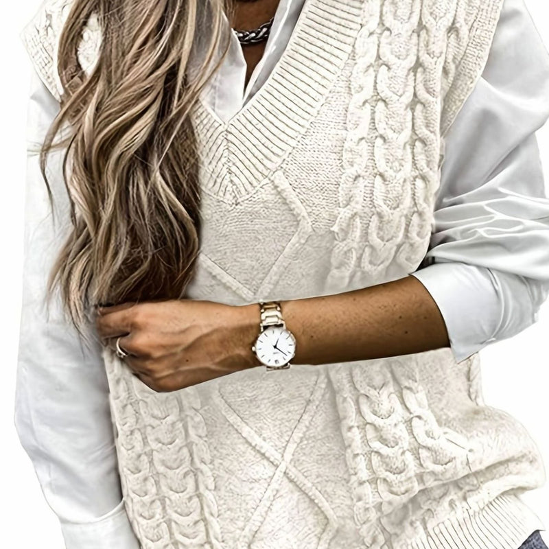 Cable Knit Sweater Vest for Women with V-Neck and Relaxed Fit in Cream, front view