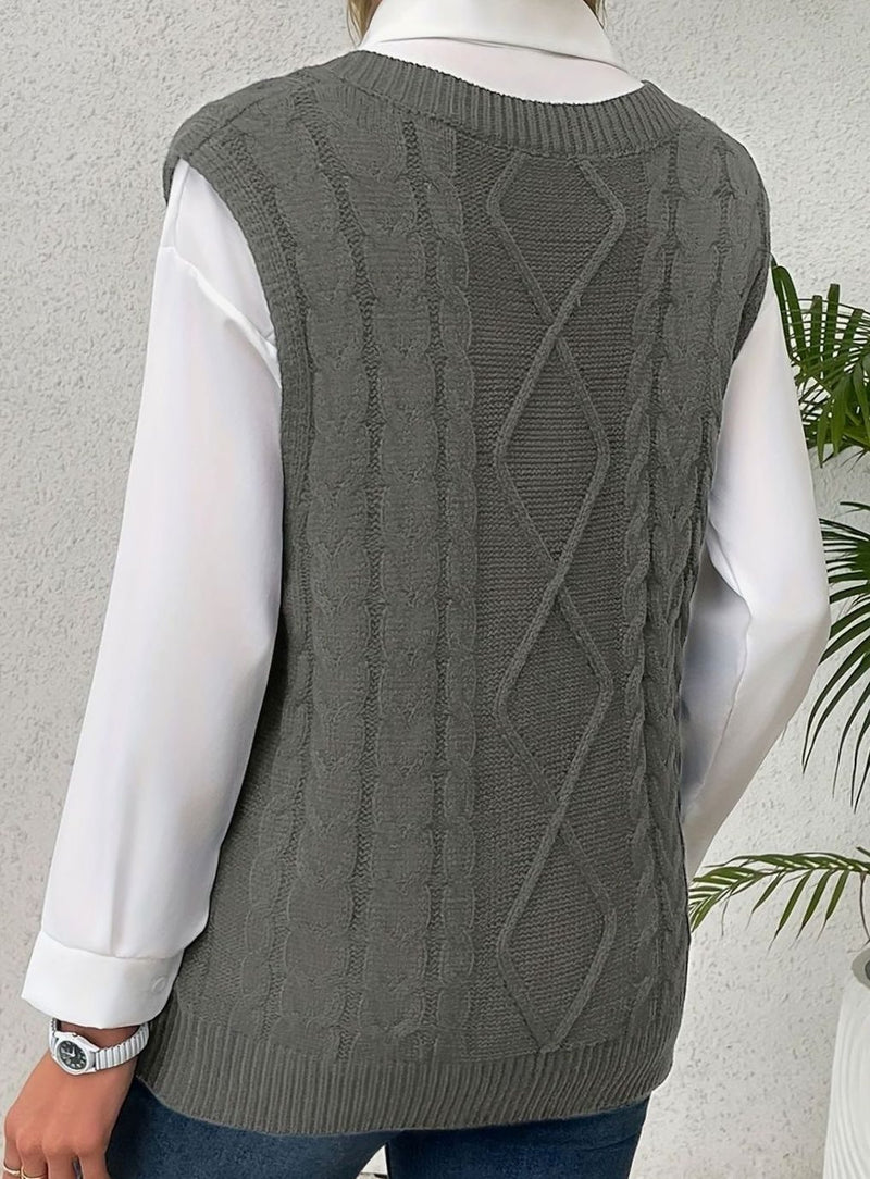 Cable Knit Sweater Vest for Women with V-Neck and Relaxed Fit in Gray, back view