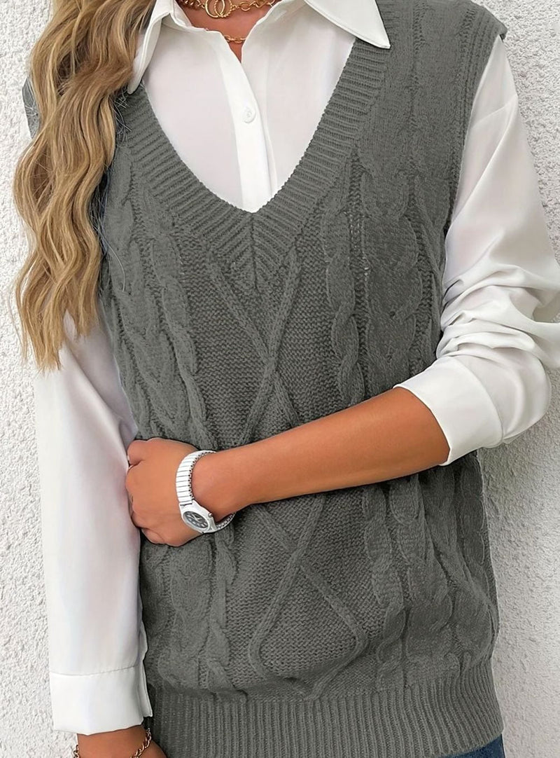 Cable Knit Sweater Vest for Women with V-Neck and Relaxed Fit in Gray, styled view