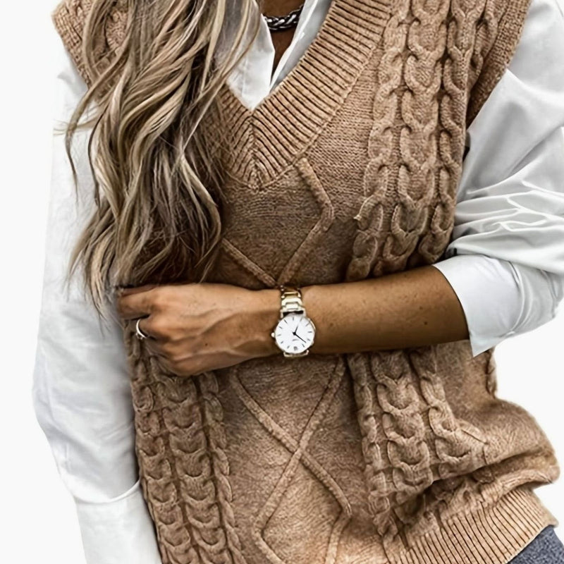 Cable Knit Sweater Vest for Women with V-Neck and Relaxed Fit in Khaki, front view