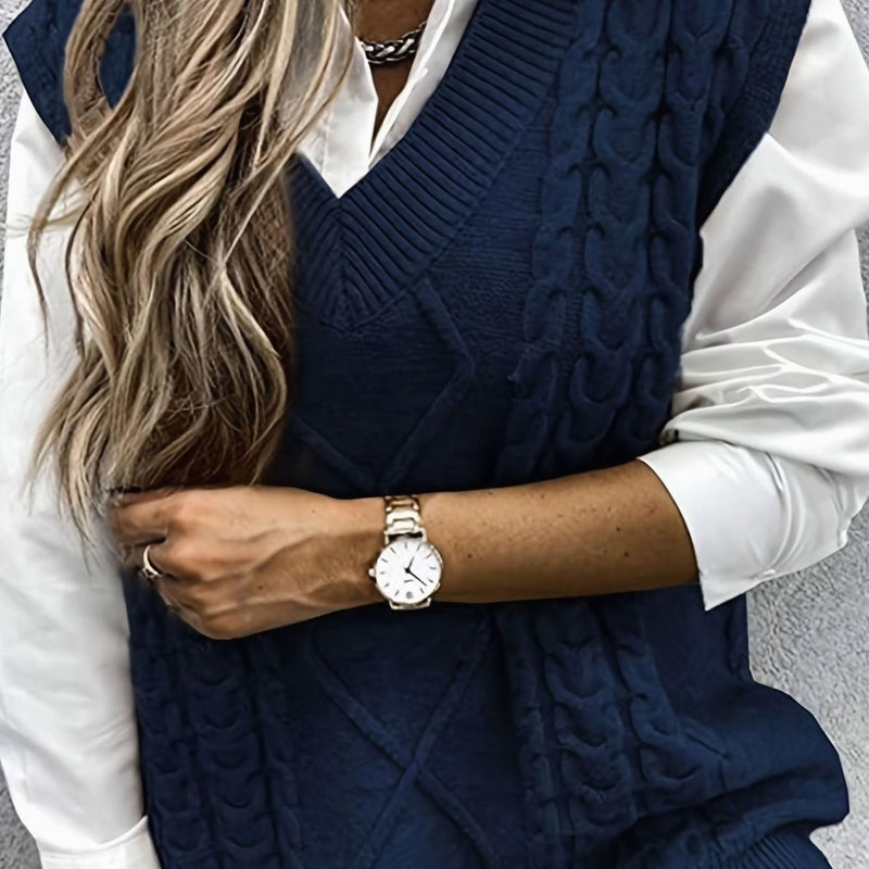 Cable Knit Sweater Vest for Women with V-Neck and Relaxed Fit in Navy, front view