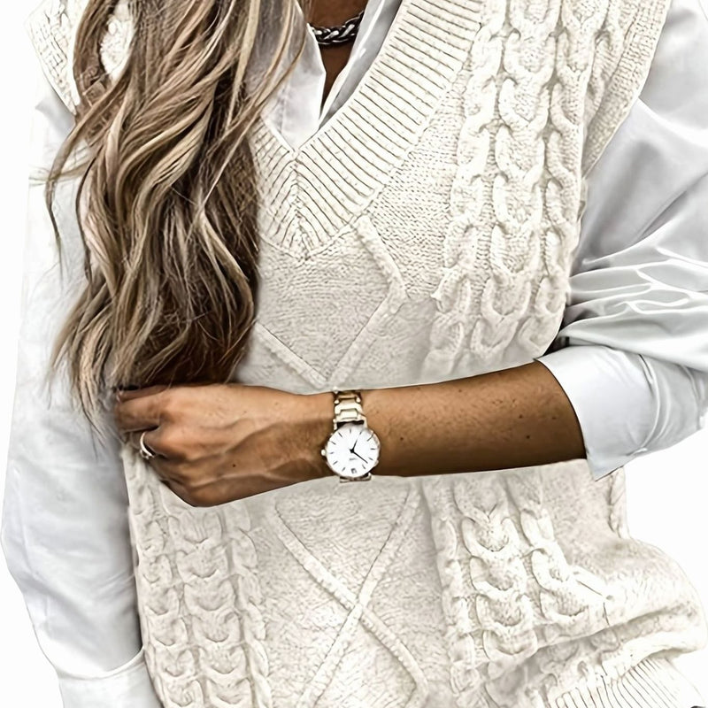 Cable Knit Sweater Vest for Women with V-Neck and Relaxed Fit in Off-White, front view