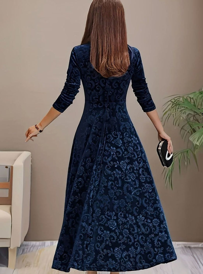 Square Neck Velvet Midi Dress for Women with A-Line Skirt and 3/4 Sleeves in Blue, back view