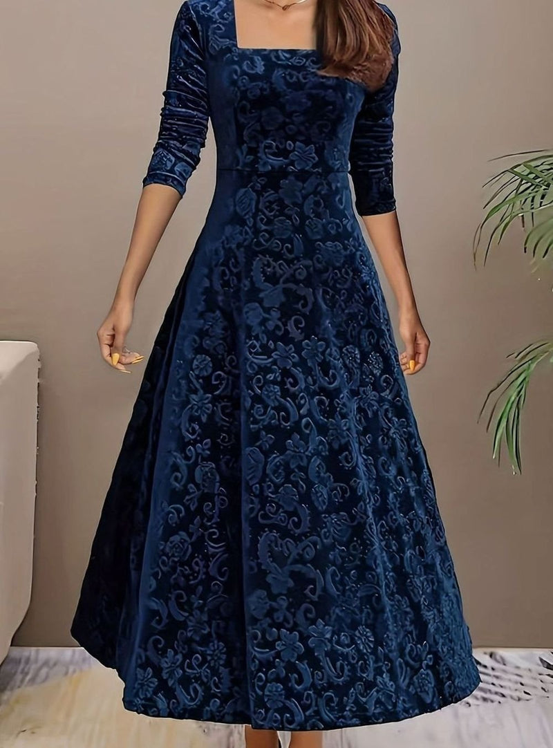 Square Neck Velvet Midi Dress for Women with A-Line Skirt and 3/4 Sleeves in Blue, front view