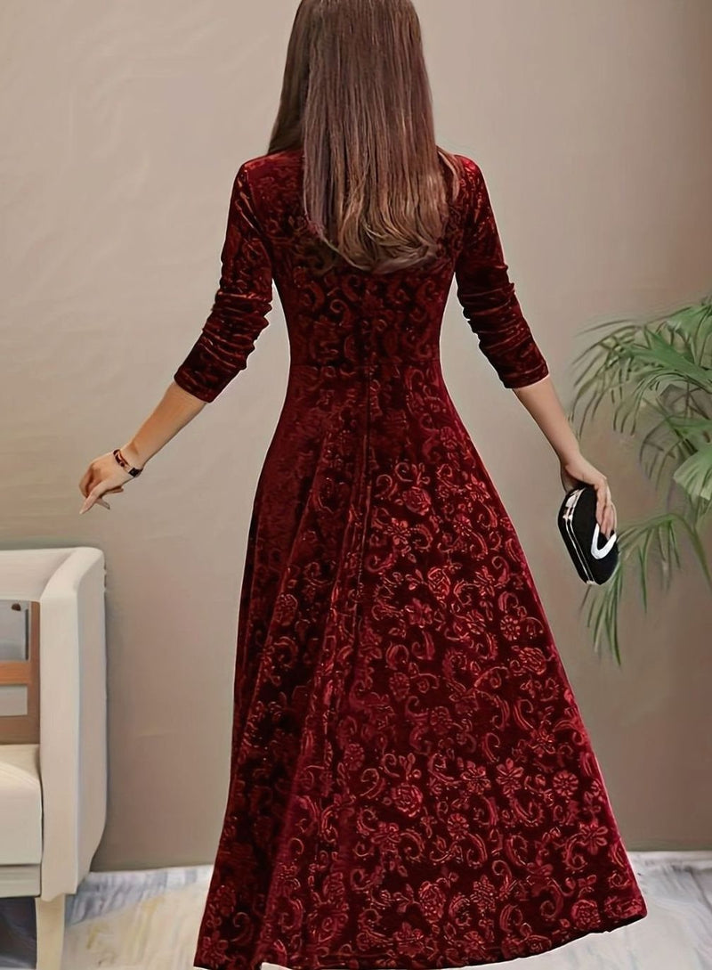 Square Neck Velvet Midi Dress for Women with A-Line Skirt and 3/4 Sleeves in Dark Red, back view