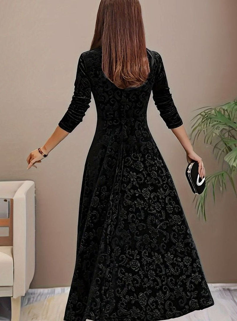 Square Neck Velvet Midi Dress for Women with A-Line Skirt and 3/4 Sleeves, back view, black