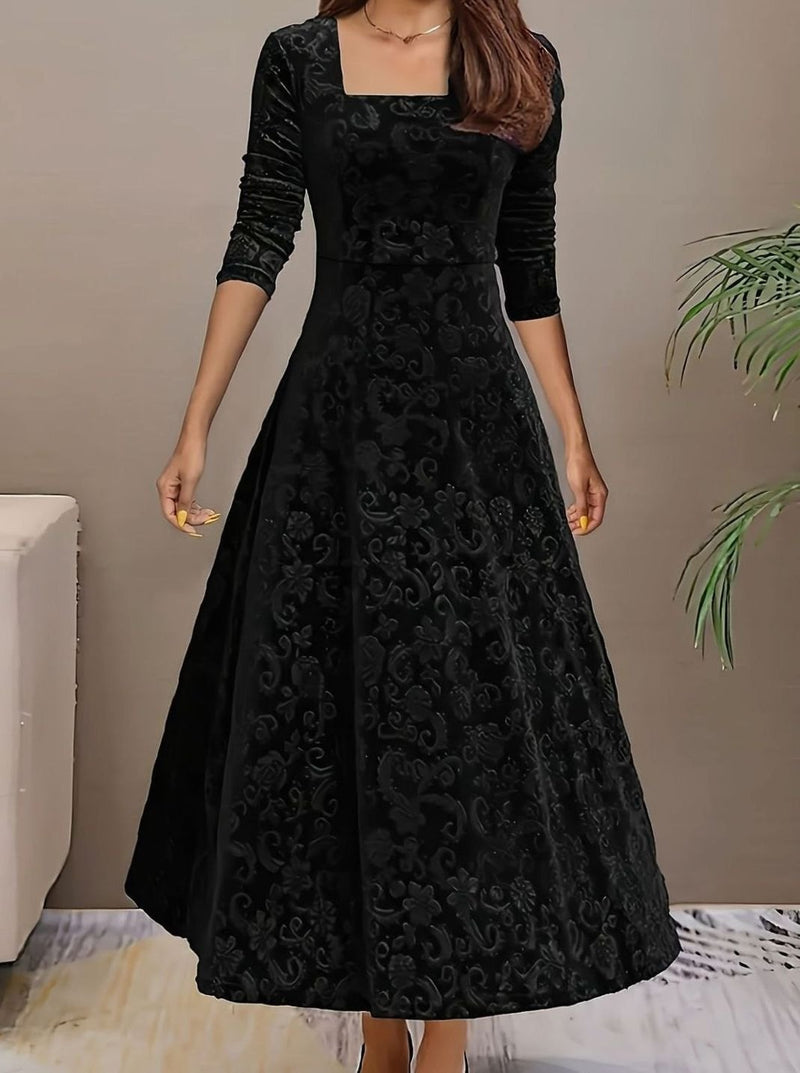 Square Neck Velvet Midi Dress for Women with A-Line Skirt and 3/4 Sleeves, front view, black