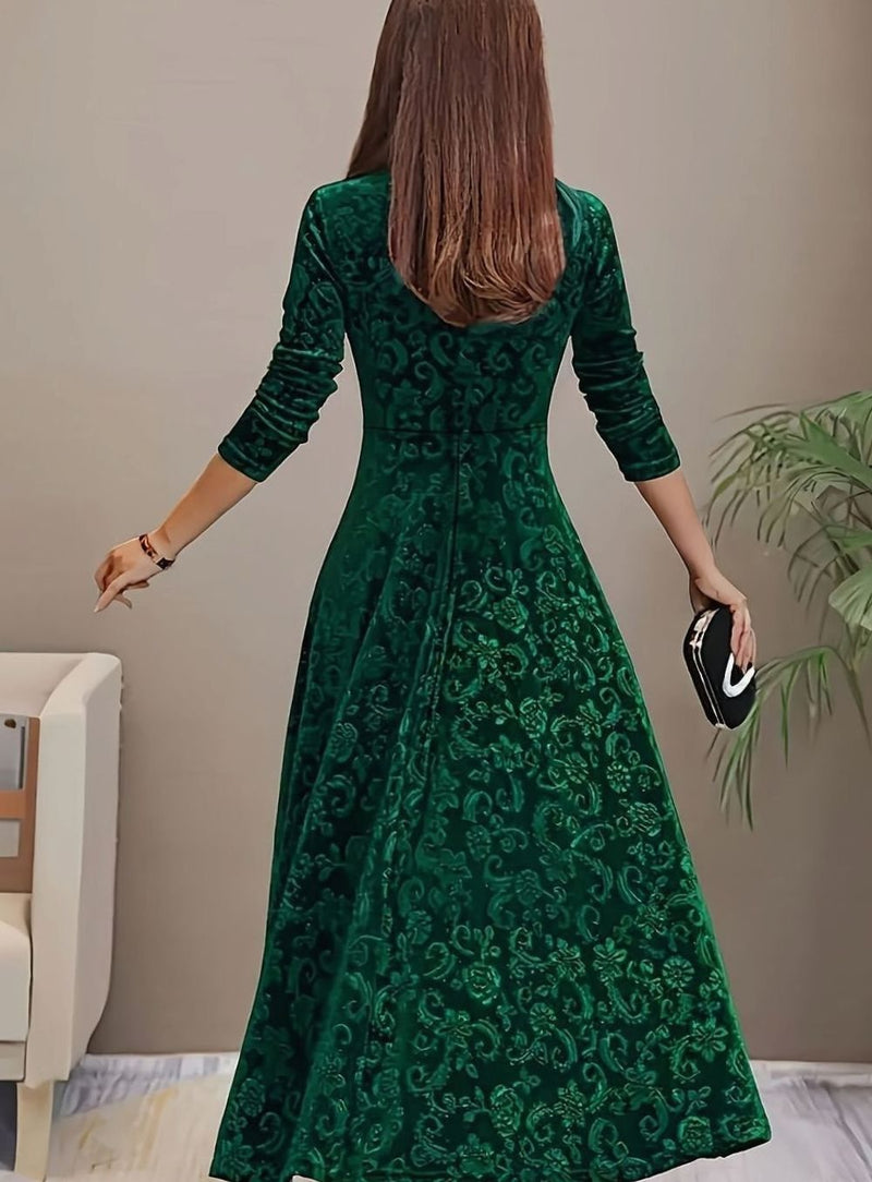 Square Neck Velvet Midi Dress for Women with A-Line Skirt and 3/4 Sleeves in Green, back view