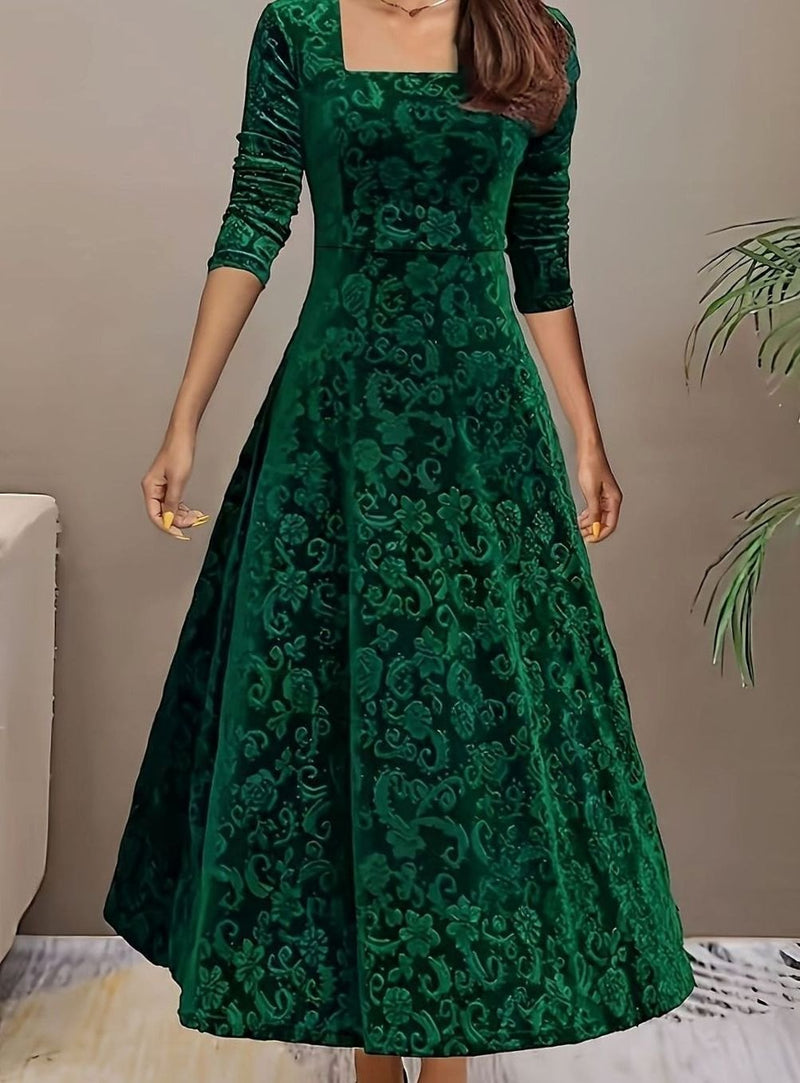 Square Neck Velvet Midi Dress for Women with A-Line Skirt and 3/4 Sleeves in Green, front view