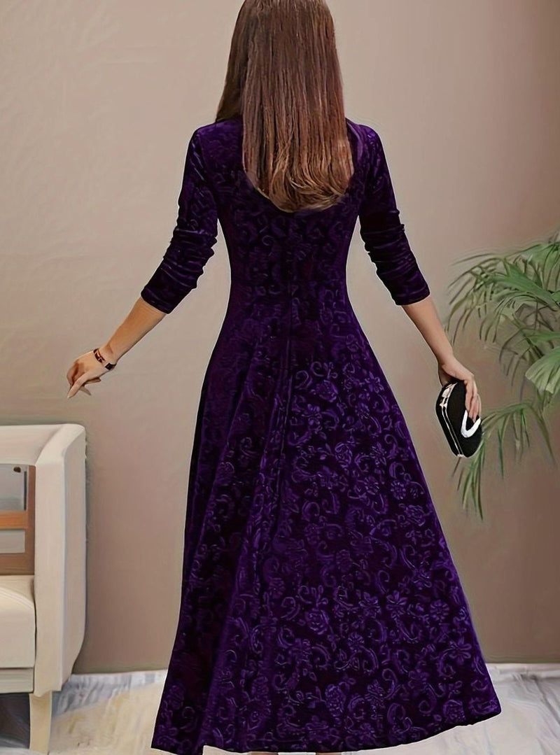Square Neck Velvet Midi Dress for Women with A-Line Skirt and 3/4 Sleeves in Purple, back view