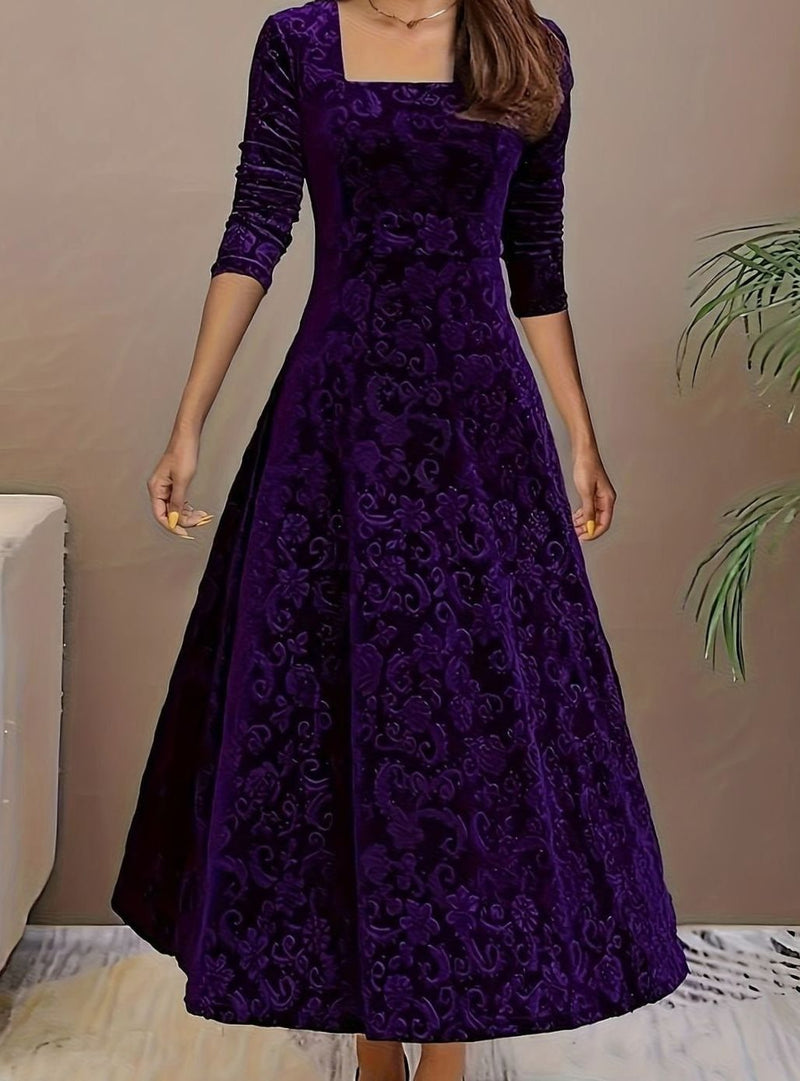 Square Neck Velvet Midi Dress for Women with A-Line Skirt and 3/4 Sleeves in Purple, front view