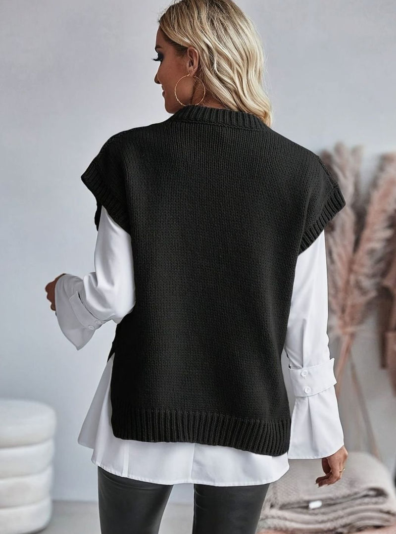 Oversized Cable Knit Sweater Vest for Women with Crew Neck and Side Slits in Black, back view