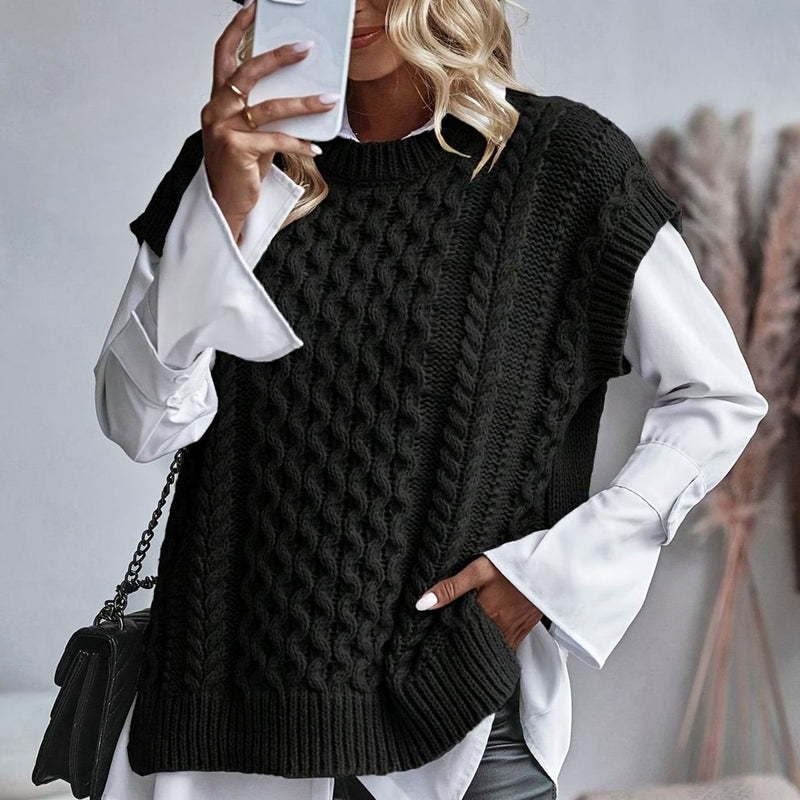 Oversized Cable Knit Sweater Vest for Women with Crew Neck and Side Slits in Black, front view