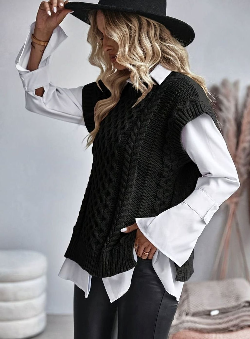 Oversized Cable Knit Sweater Vest for Women with Crew Neck and Side Slits in Black, side view