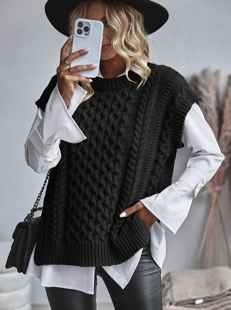 Oversized Cable Knit Sweater Vest for Women with Crew Neck and Side Slits in Black, styled view