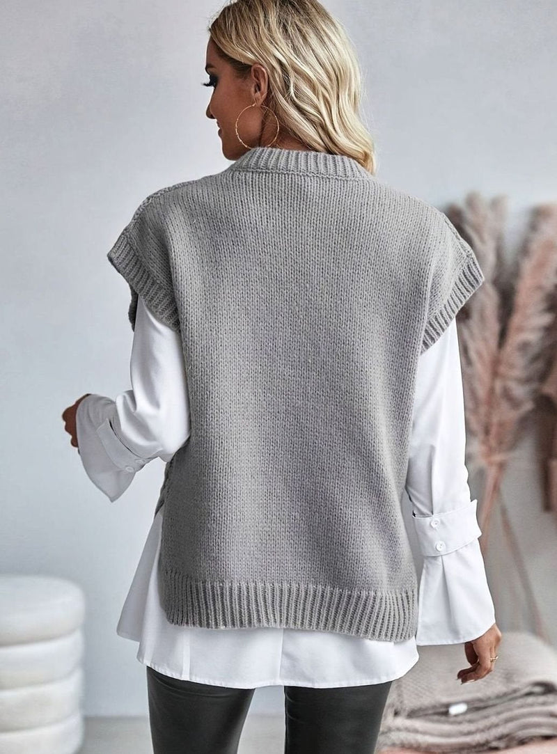 Oversized Cable Knit Sweater Vest for Women with Crew Neck and Side Slits in Gray, back view