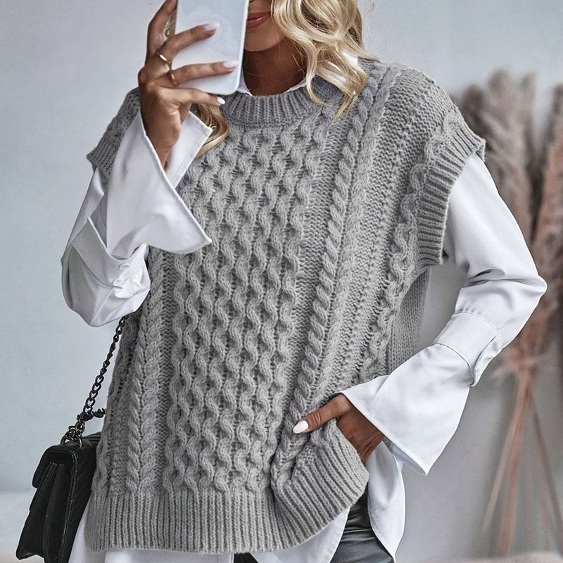 Oversized Cable Knit Sweater Vest for Women with Crew Neck and Side Slits in Gray, front view