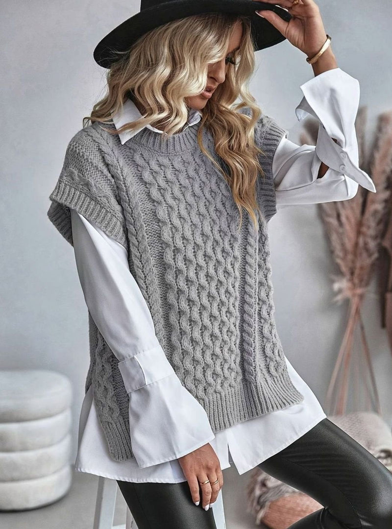 Oversized Cable Knit Sweater Vest for Women with Crew Neck and Side Slits in Gray, side view