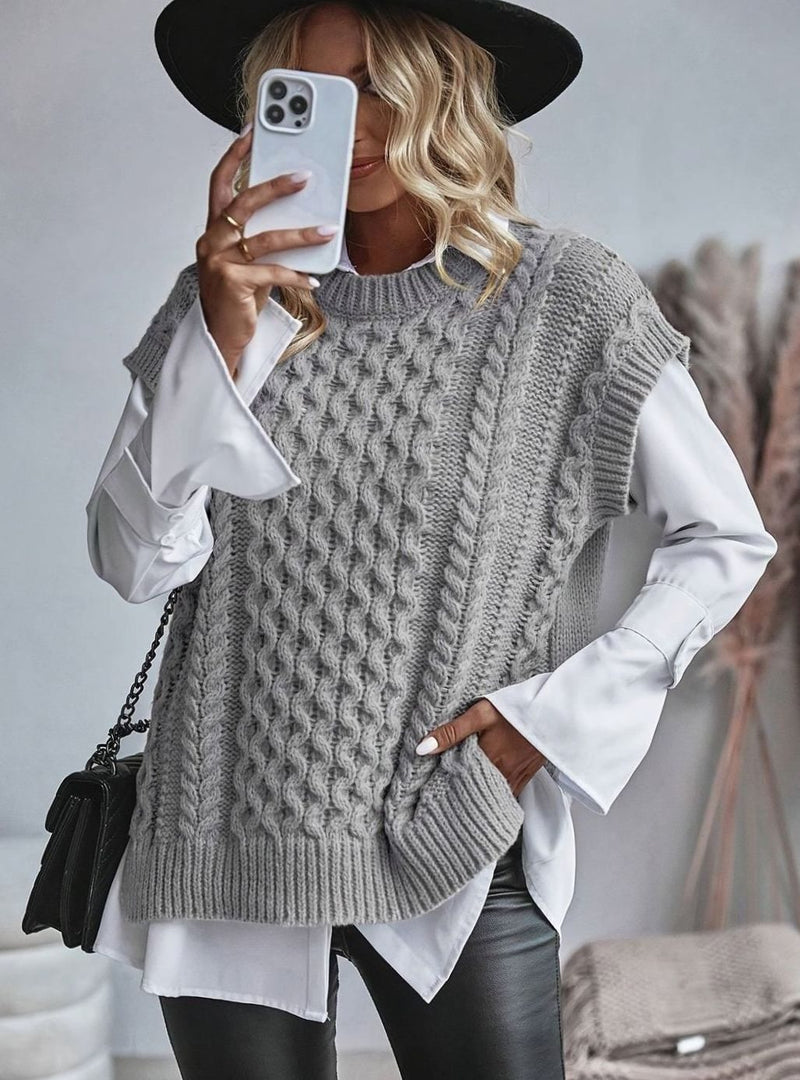 Oversized Cable Knit Sweater Vest for Women with Crew Neck and Side Slits in Gray, styled view