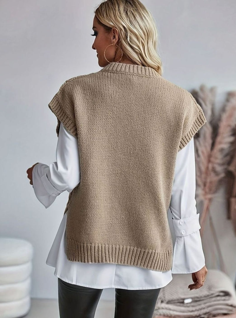 Oversized Cable Knit Sweater Vest for Women with Crew Neck and Side Slits in Khaki, back view