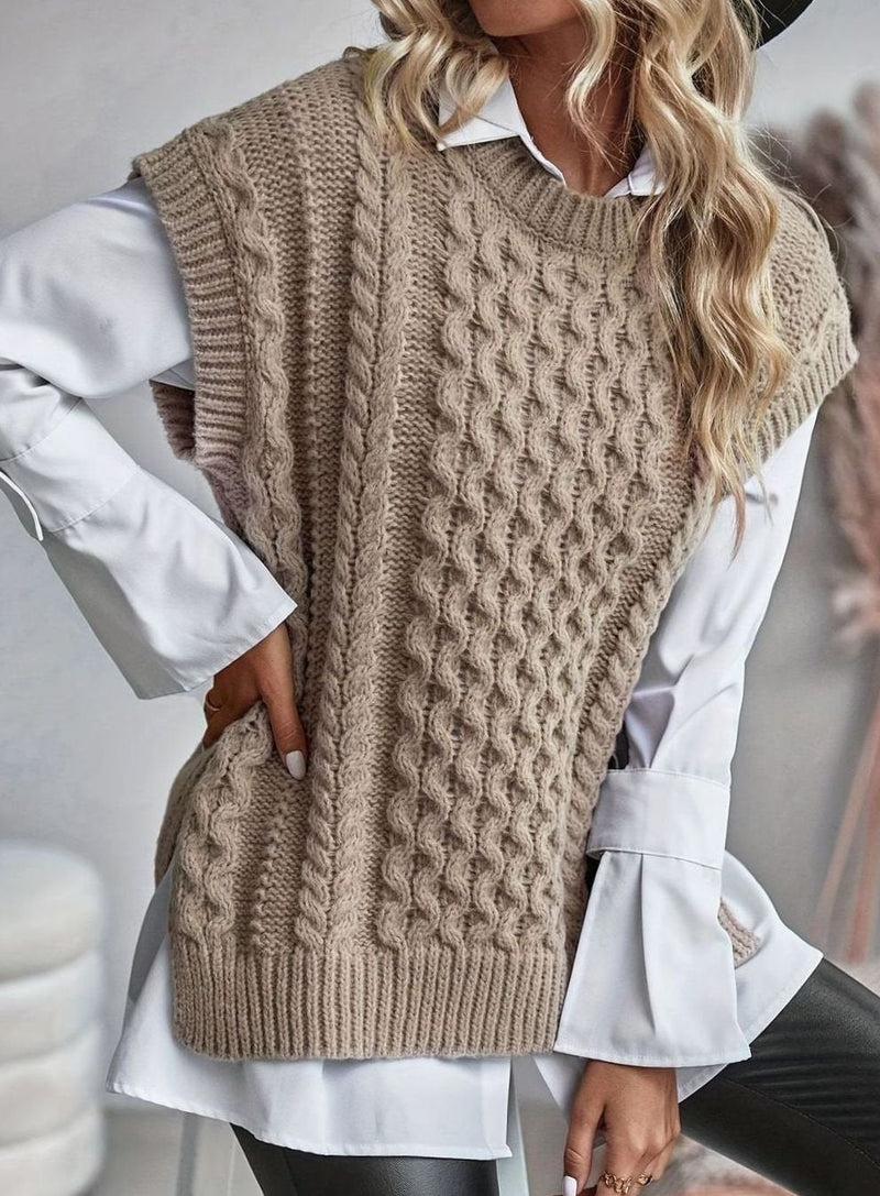 Oversized Cable Knit Sweater Vest for Women with Crew Neck and Side Slits in Khaki, styled view