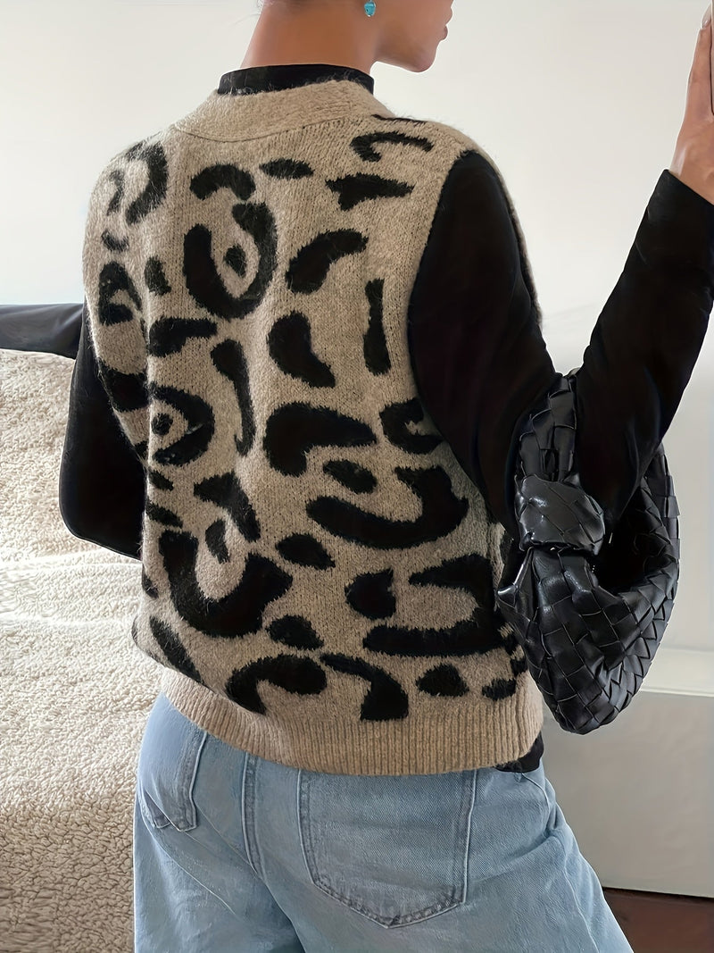 Leopard Print Sweater Vest for Women with V-Neck and Button Front in Khaki, back view