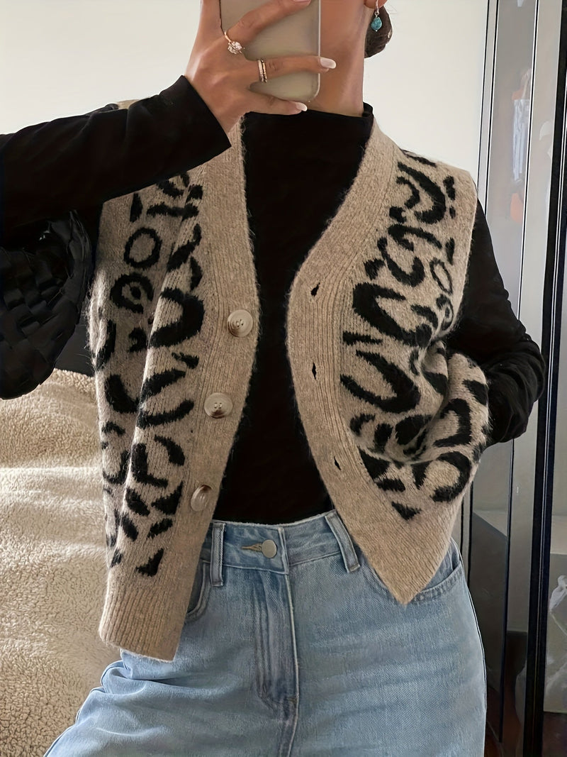 Leopard Print Sweater Vest for Women with V-Neck and Button Front in Khaki, open front view