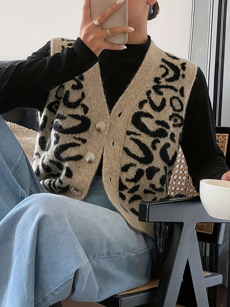Leopard Print Sweater Vest for Women with V-Neck and Button Front in Khaki, seated view