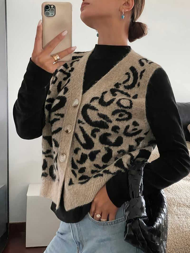 Leopard Print Sweater Vest for Women with V-Neck and Button Front in Khaki, styled view