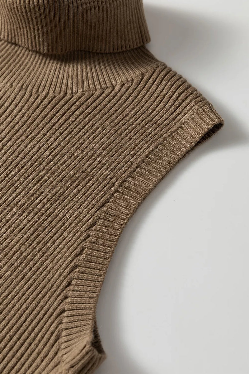 Mock Neck Ribbed Sweater Vest for Women with Fitted Sleeveless Cut in Mocha, armhole detail