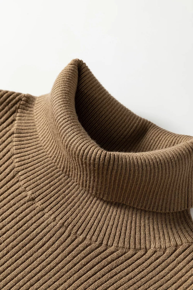 Mock Neck Ribbed Sweater Vest for Women with Fitted Sleeveless Cut in Mocha, collar detail
