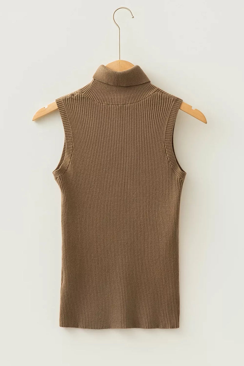 Mock Neck Ribbed Sweater Vest for Women with Fitted Sleeveless Cut in Mocha, hanger back view