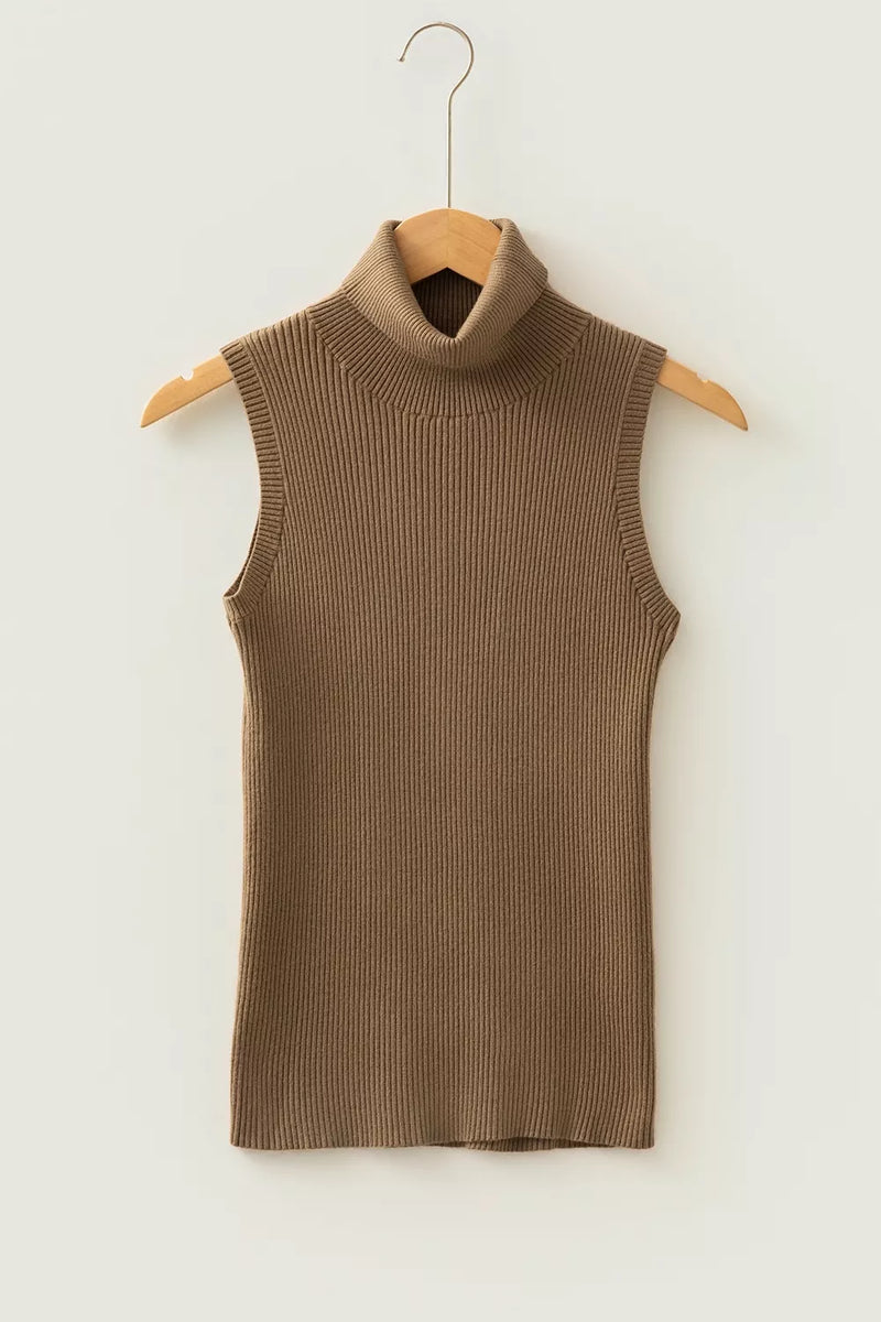 Mock Neck Ribbed Sweater Vest for Women with Fitted Sleeveless Cut in Mocha, hanger front view